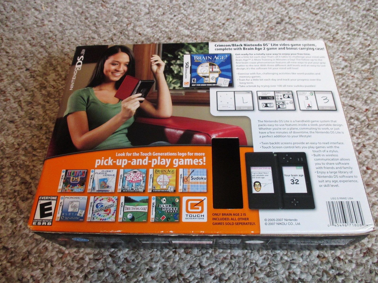 Nintendo DS Lite Crimson Red/Black System Brain Age 2 & Carrying Case Bundle