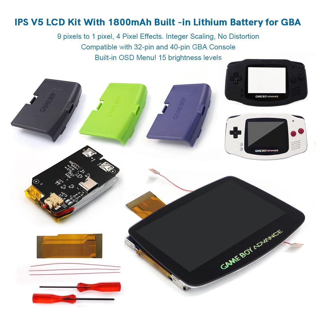 Hispeedido V5 Laminated IPS LCD Kit+Pre-cut Shell W/Rechargable Battery For GBA