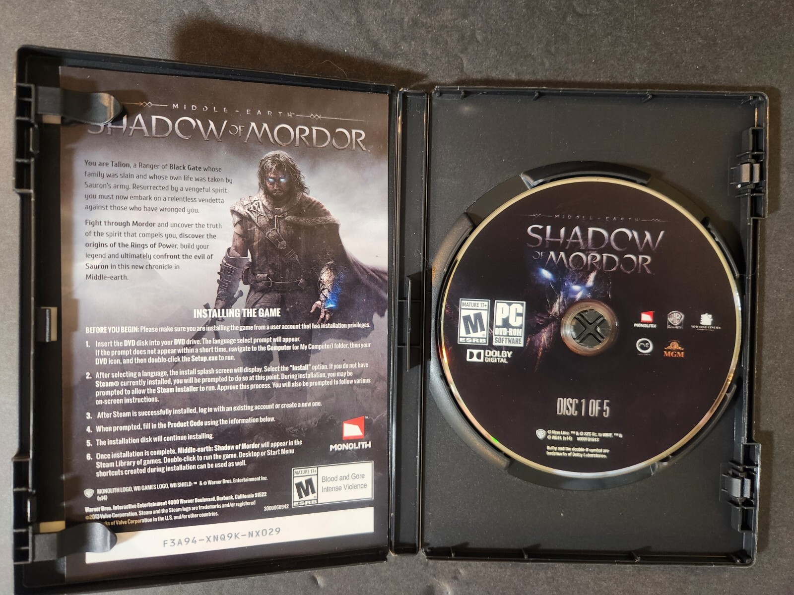 MIDDLE EARTH SHADOW OF MORDOR PC GAME WINDOWS MONOLITH GREAT COMPLETE CONDITION