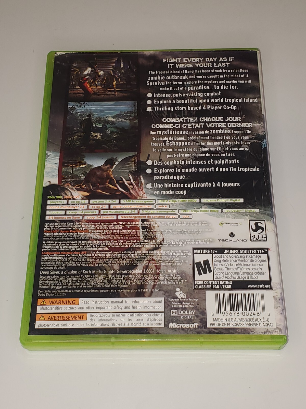 Original 2011 Dead Island Deep Silver XBOX 360 RPG Video Game Complete Tech Land