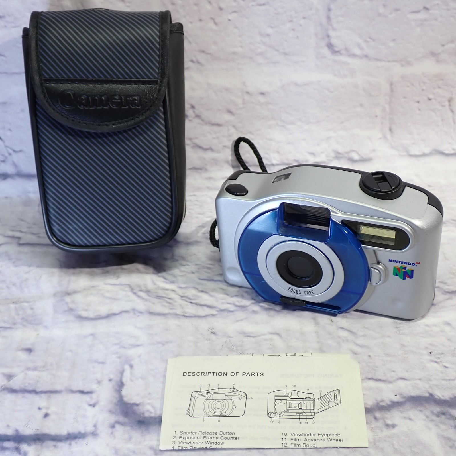 Vintage Nintendo 64 Focus Free Film Silver Blue Camera W/ Case Manual China