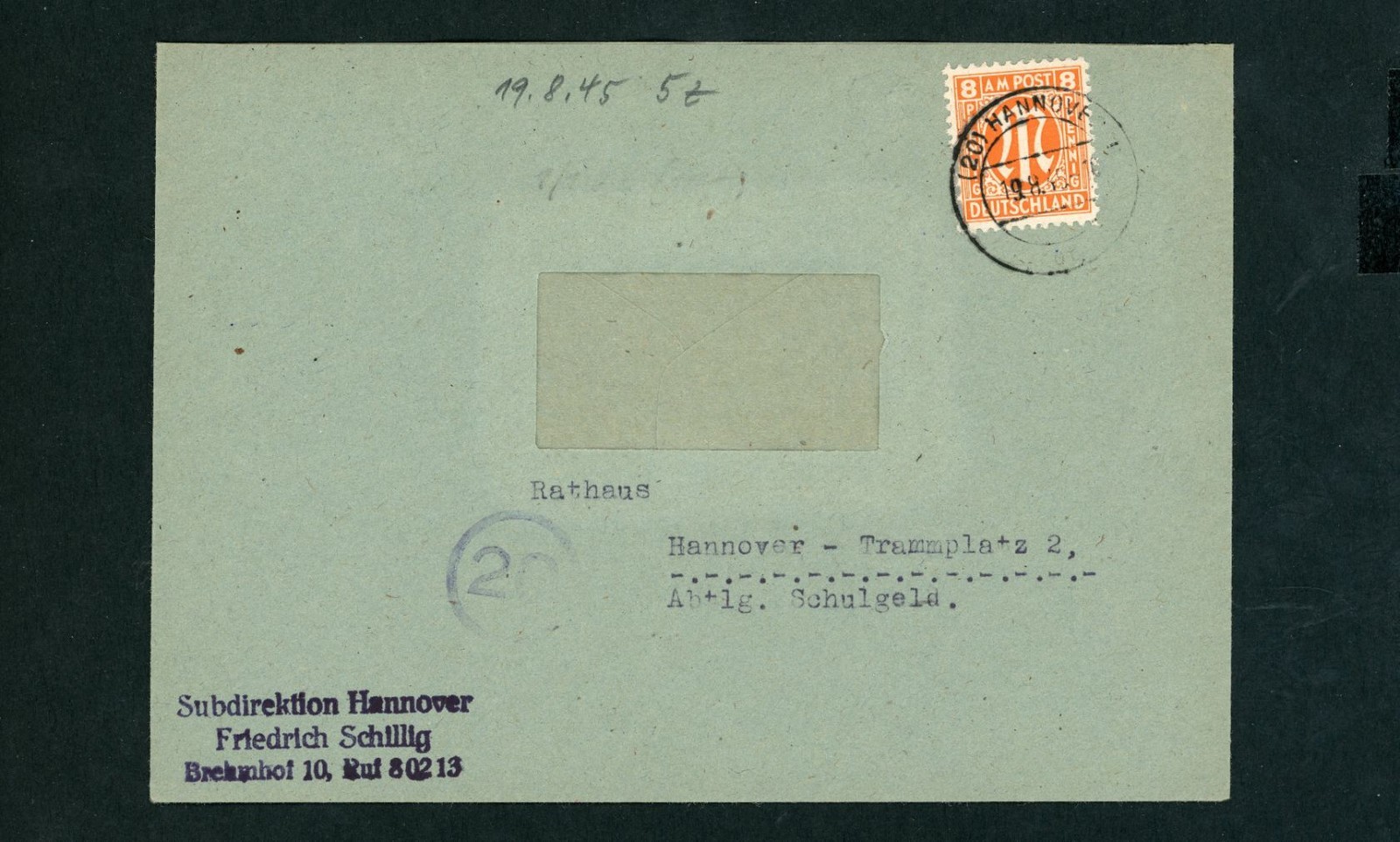 Allied Occupation BiZone AM-Post Single Franking Michel Number 5Z – Hanover