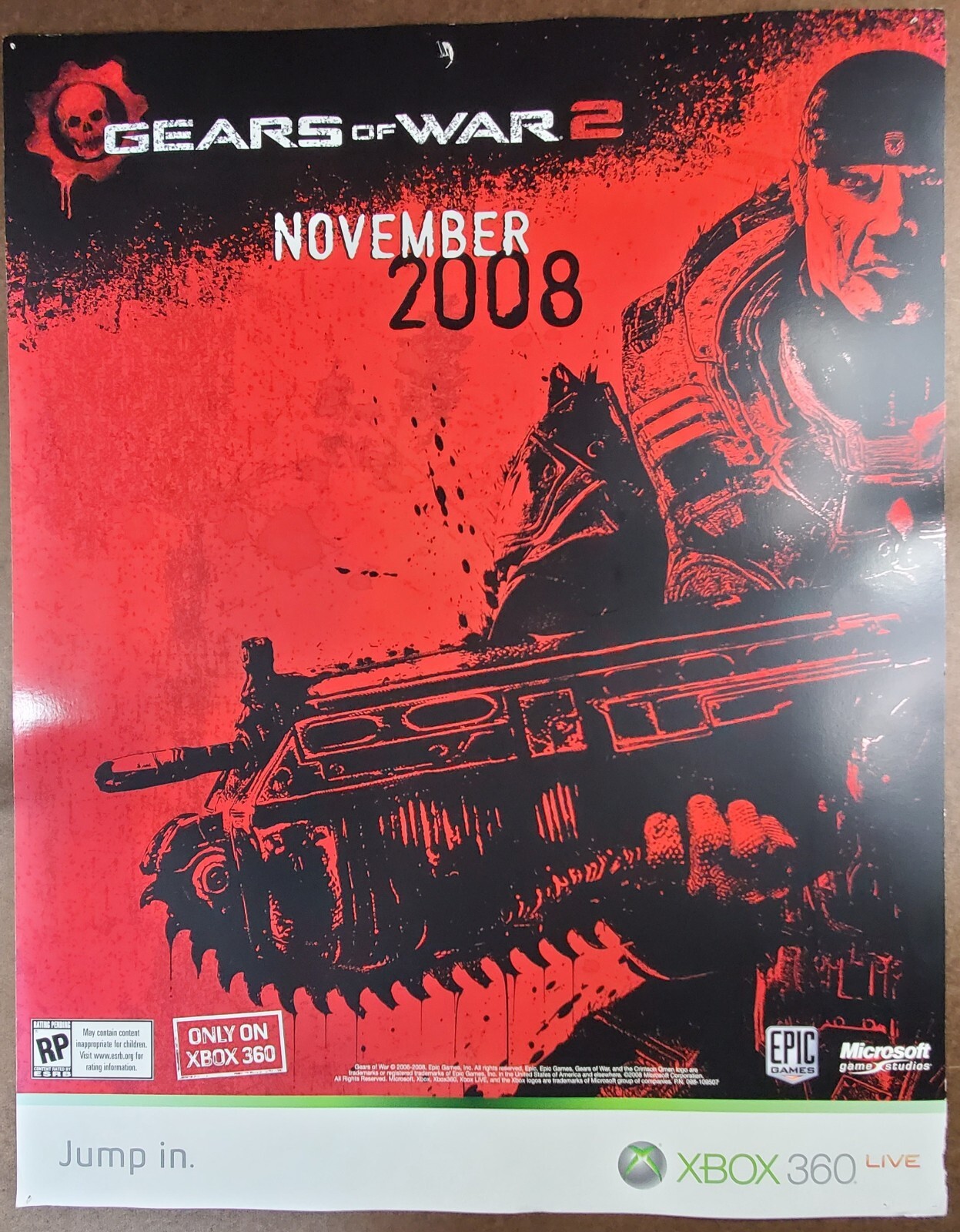 Gears of War 2 Xbox 360 Promo Launch Poster 22″x28″ 2008 Microsoft Rare XB360