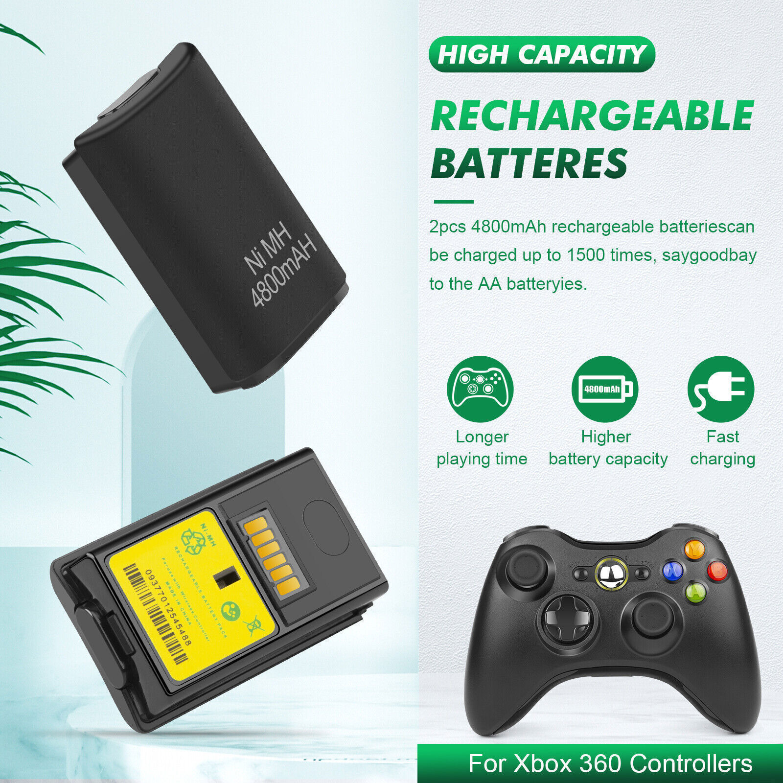 2 Rechargeable Battery Pack Charger Cable Dock for Xbox 360 Wireless Controller