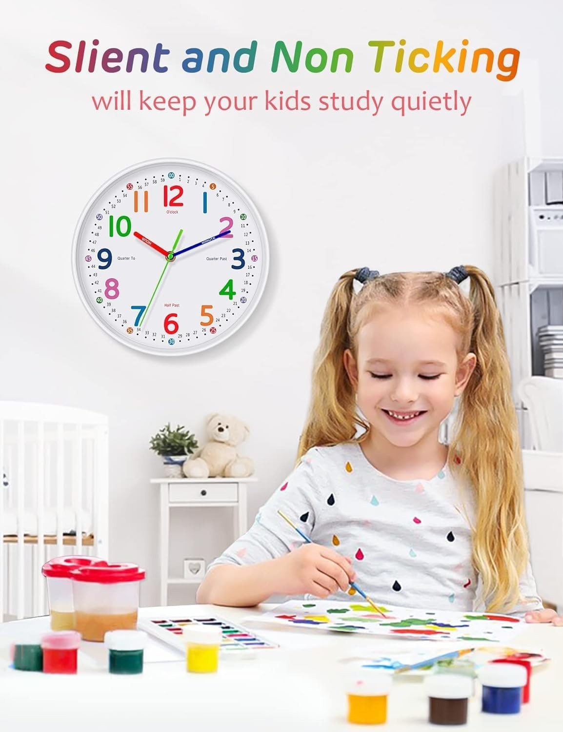 Silent Kids Wall Clock – Non-Ticking, Battery-Powered, Ideal 8 Inch, White