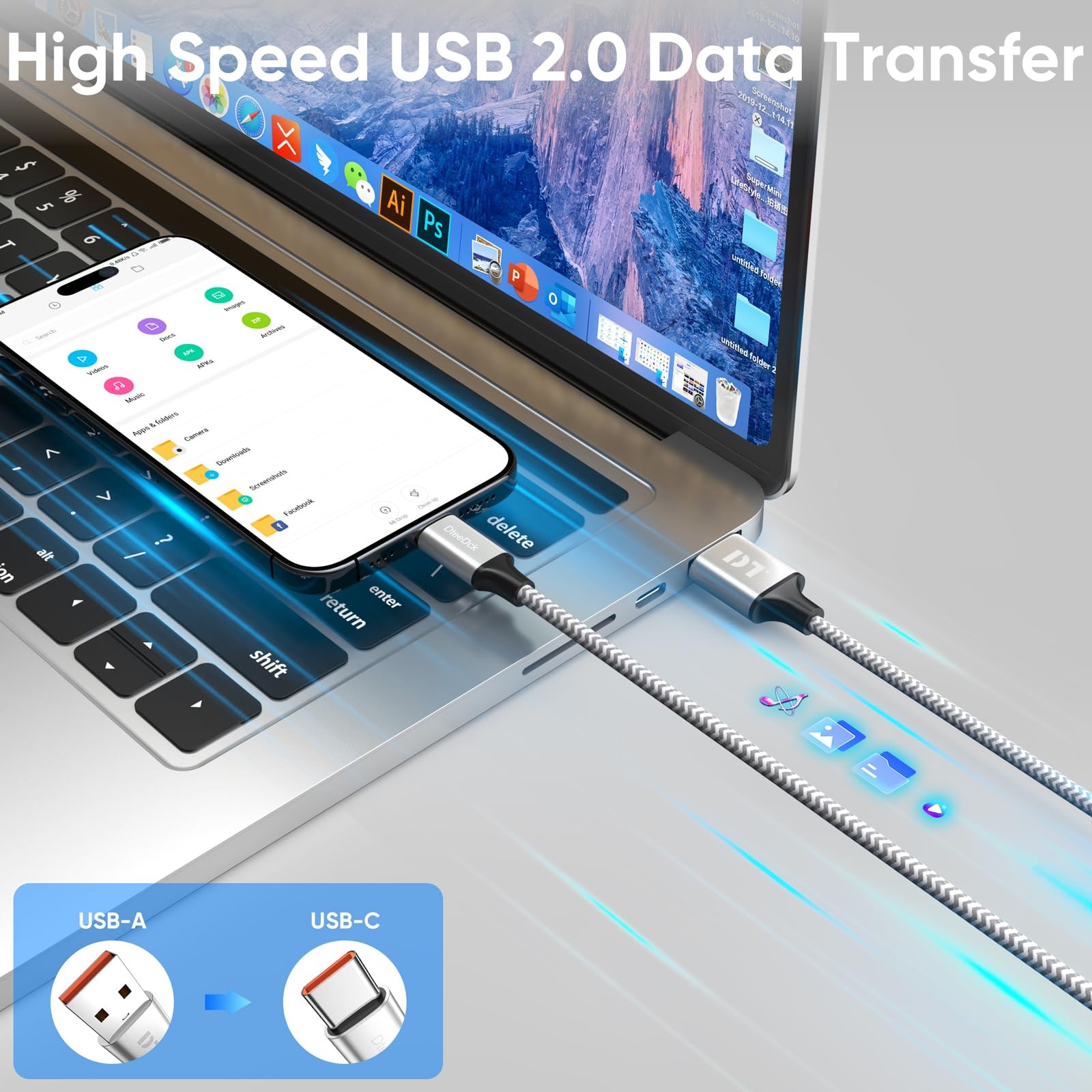 20 Ft USB C Cable Extra Long, A 2.0 to Type C 18W Fast 20 Feet, Silver
