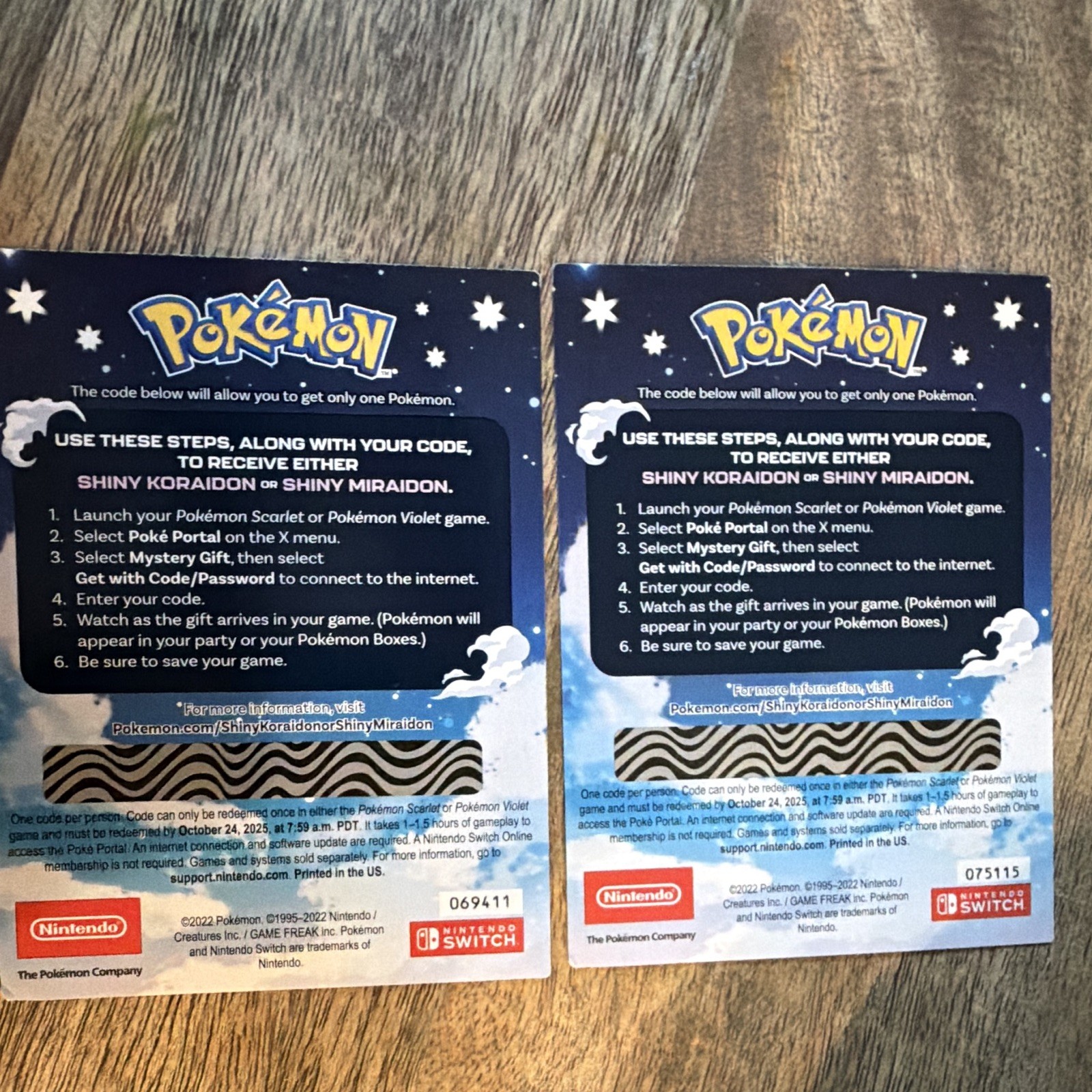Nintendo Pokémon Scarlet Code Cards x2 Shiny Koraidon/Miraidon