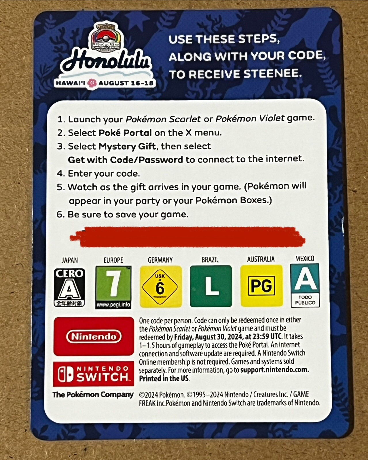 2024 Pokemon World Championships Steenee Code – Via Email/Chat and Actual Card