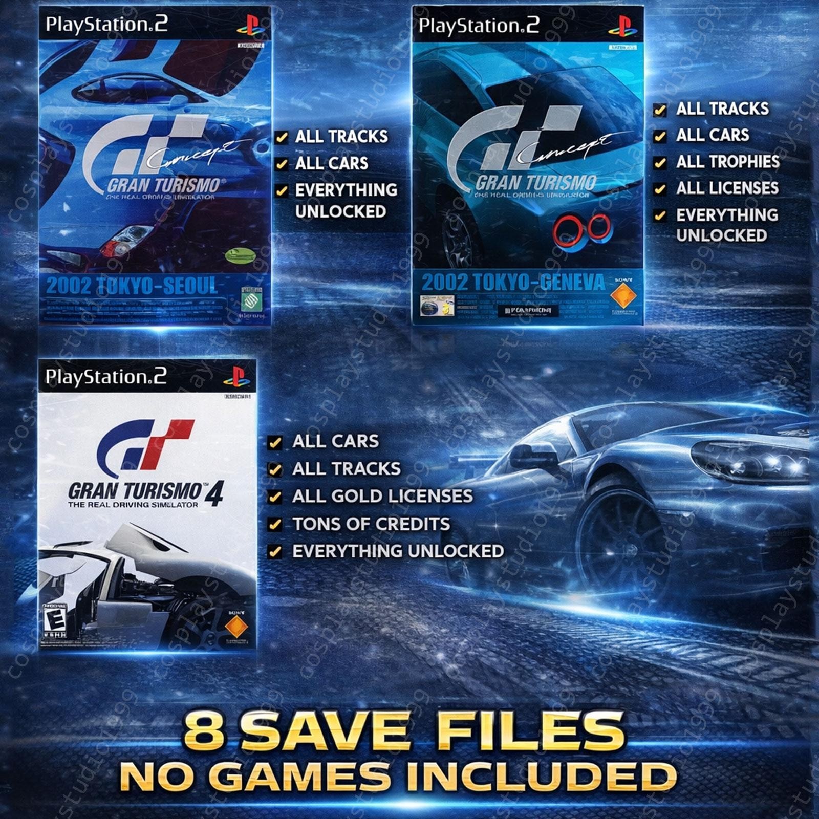 Gran Turismo 1 2 3 4 PlayStation 2 100% Unlock! All Cars! Tracks PS1 PS2