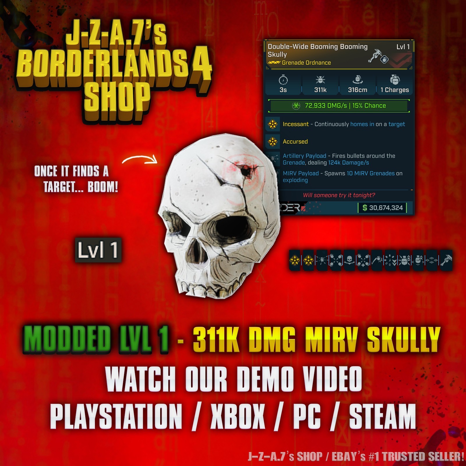 Borderlands 4✨ MODDED LEVEL 1 ONE 311K DMG SKULLY GRENADE MIRV BL4✅PC-PS-XBOX✨