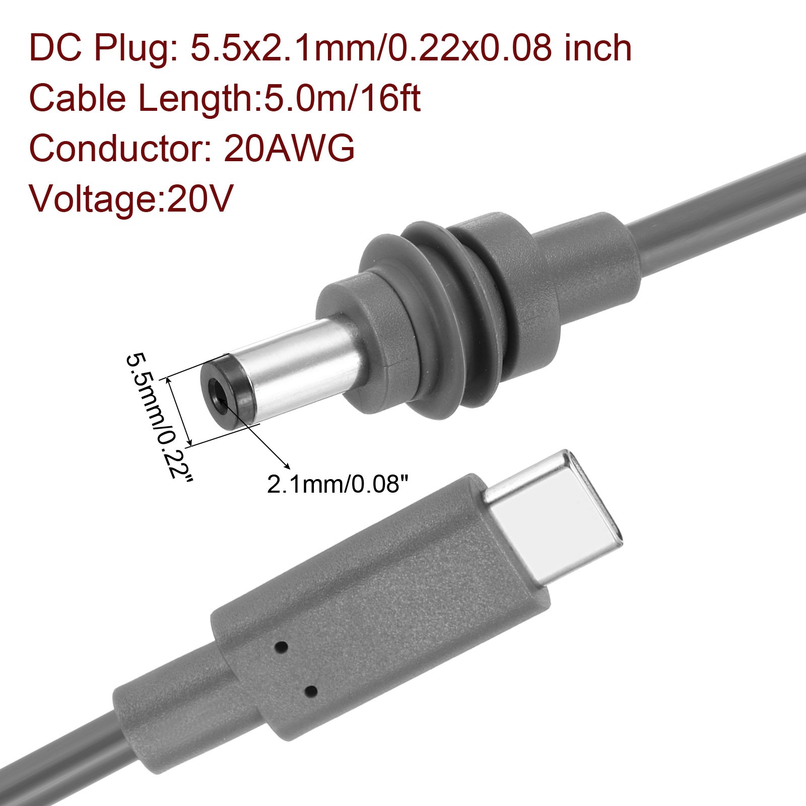 16FT USB C to DC Power Fast Charging Cable 100W,5.5mmx2.1mm /20V 5A (Grey)