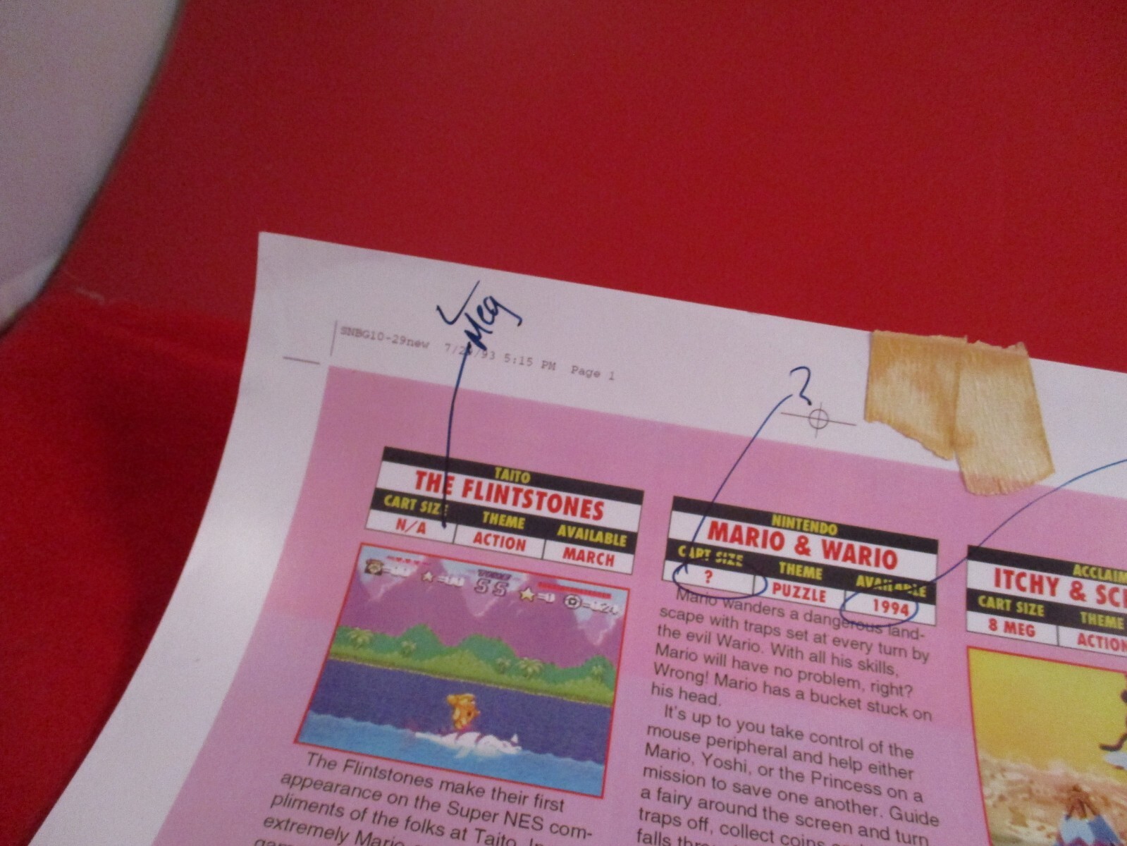 Super NES Buyer’s Guide Magazine Prototype Sheet Flintstone Mario & Wario Legend