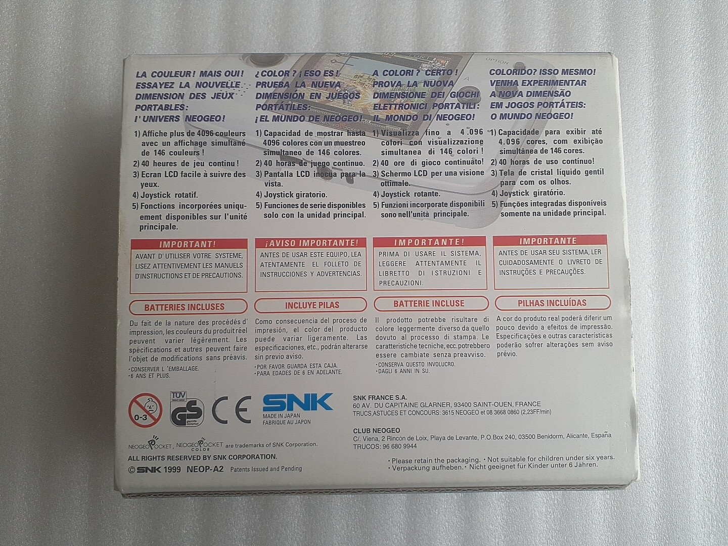 Neogeo Pocket Color Platinum Silver Boxed Console SNK CIB w/Buttonbattery Tested