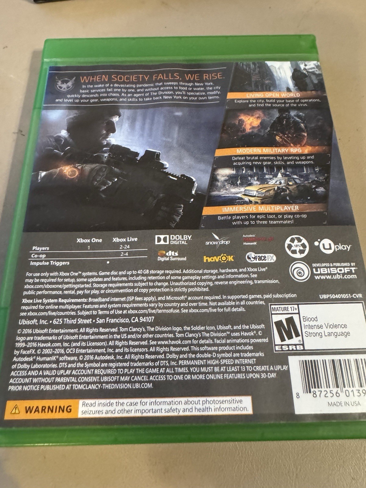 Tom Clancys The Division Microsoft Xbox One 2016 Action Role Playing Video Game