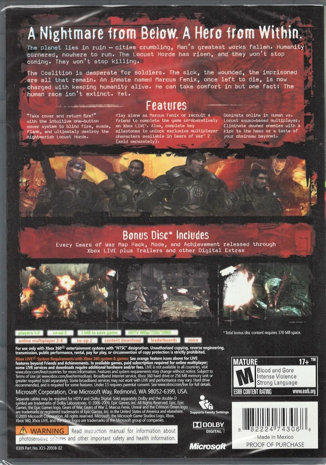 Gears Of War (Platinum Hits) (Bonus- GoW 2) Xbox 360 (Brand New Factory Sealed U
