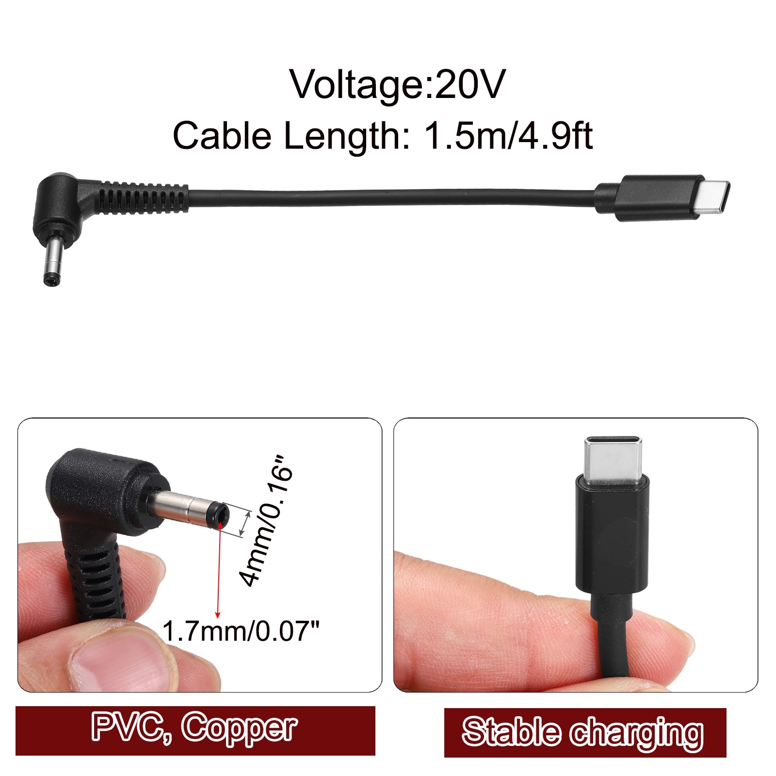 4.9FT USB C to DC PD Power Fast Charging Cable, 4mmx1.7mm 65W/20V(Black)
