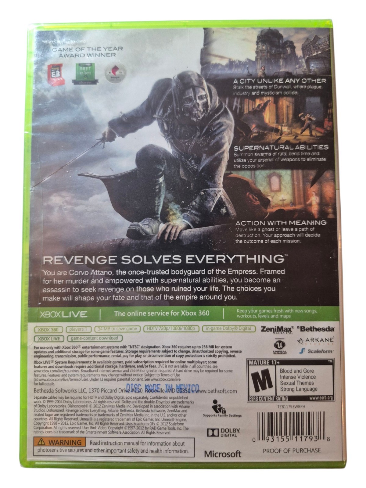 Dishonored Microsoft Xbox 360 2012 FACTORY SEALED