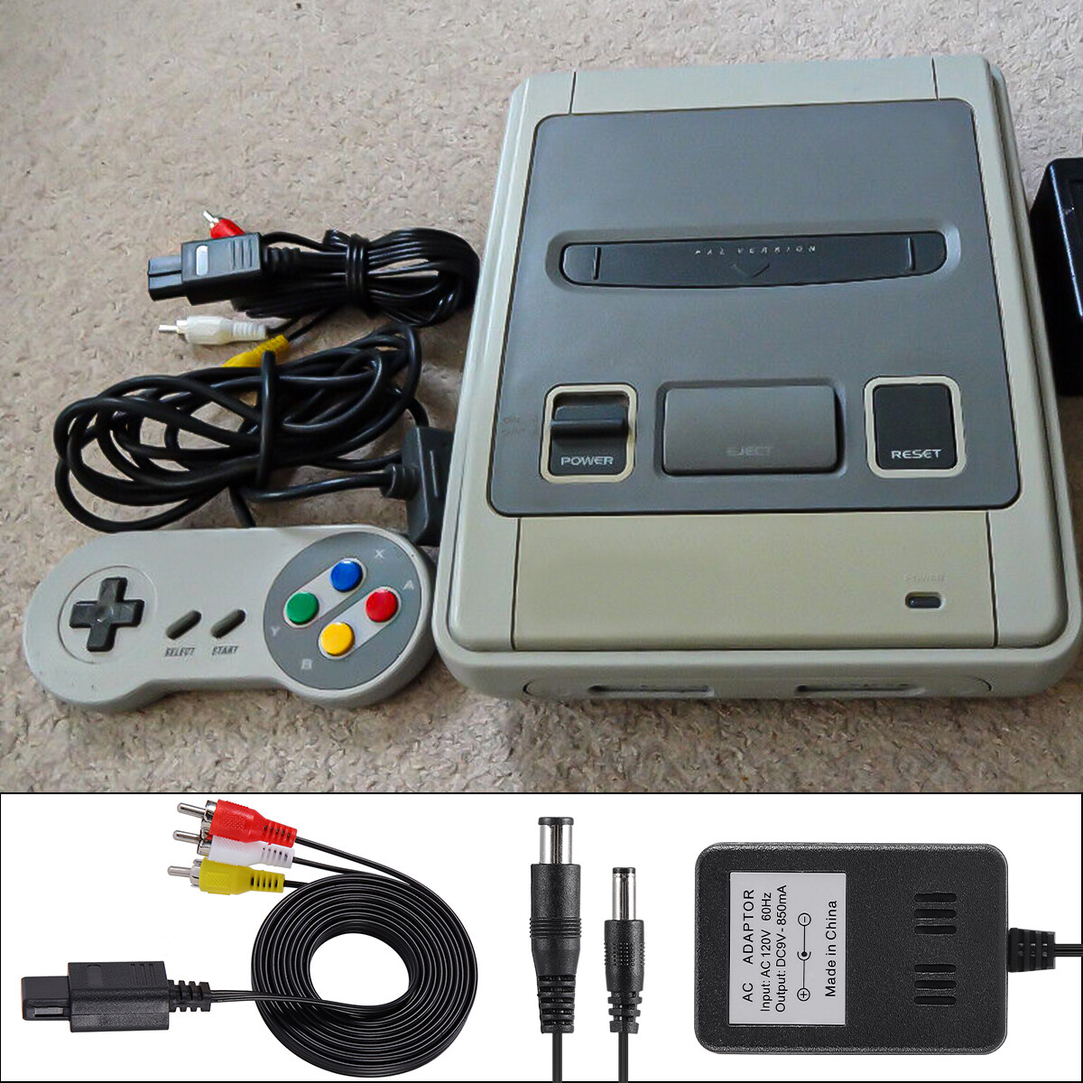 Audio AV RCA+AC Cable Power Supply Adapter Cord For Super Nintendo SNES Game Set