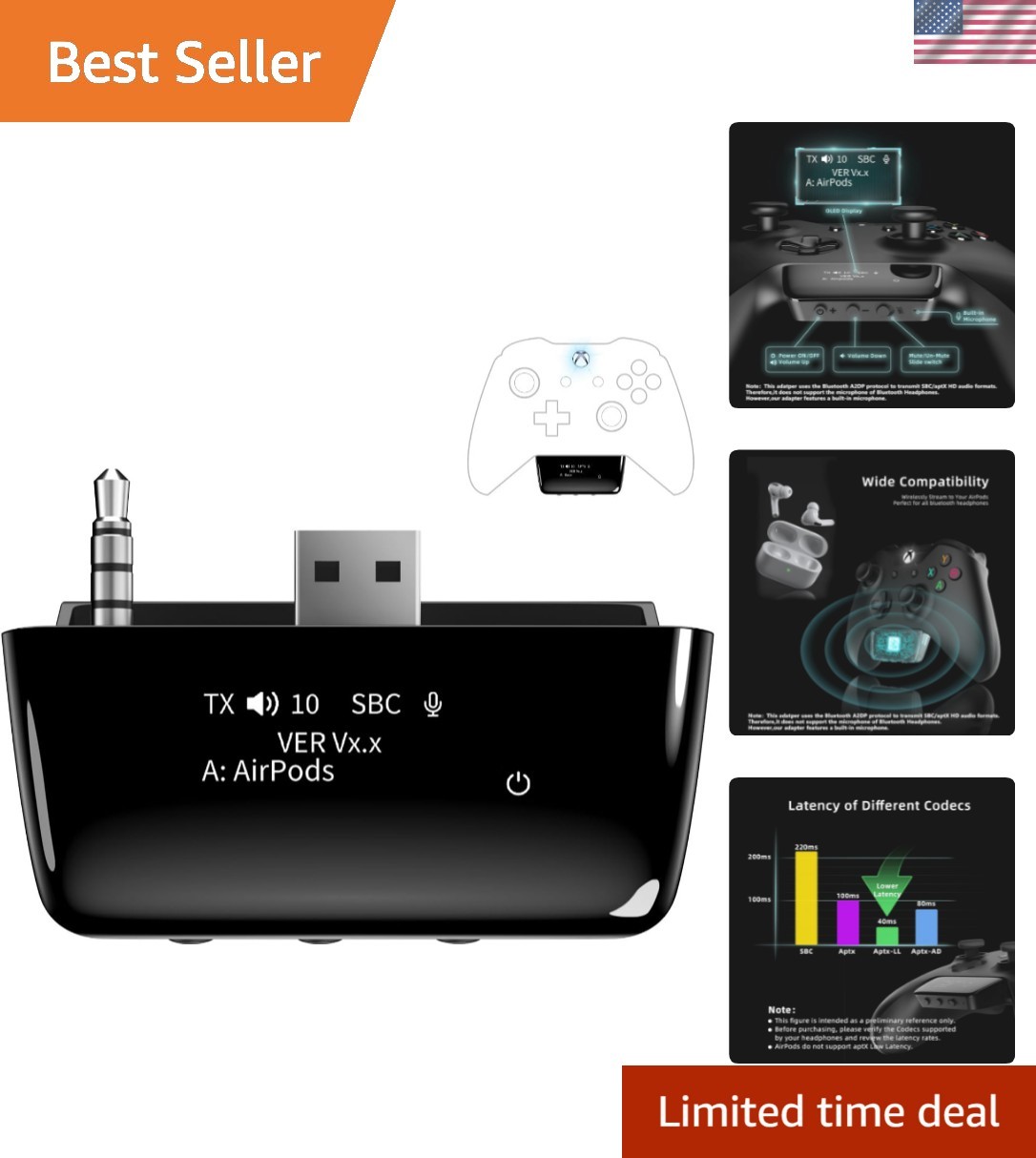 Bluetooth 5.2 Wireless Audio Adapter for Xbox Controllers – Low Latency, OLED