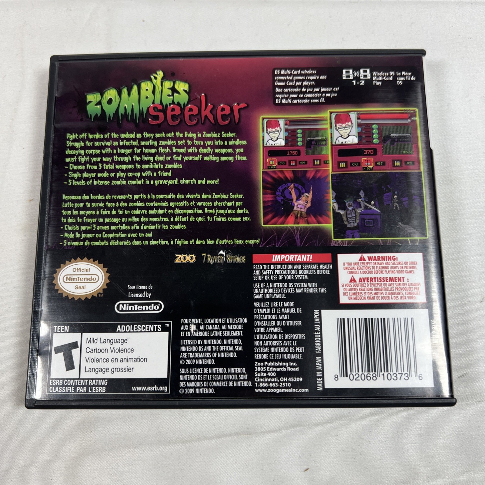 Zombies Seeker Nintendo DS Zoo 7 Raven Studios Complete CIB