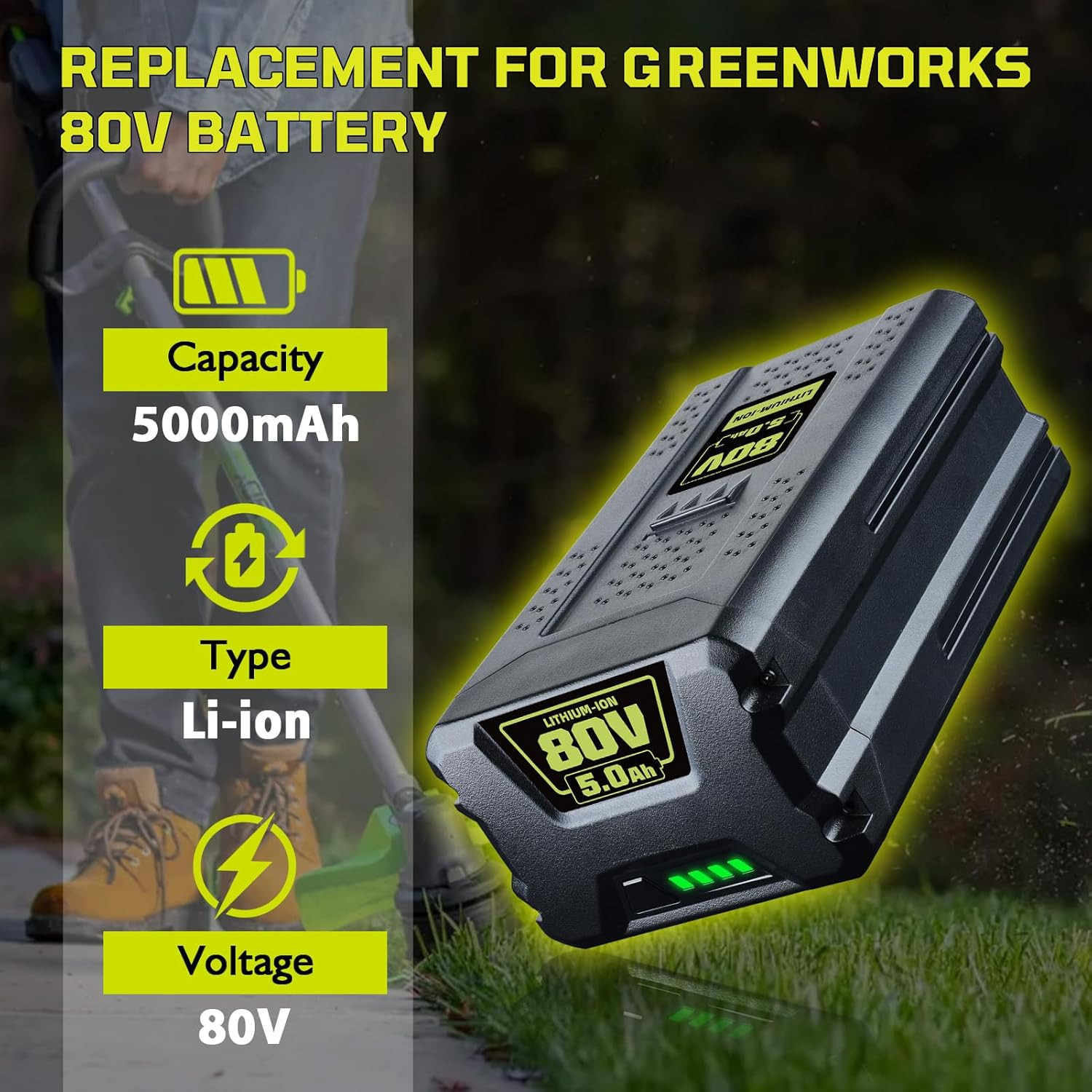 5000Mah Replacement Battery for Greenworks 80V GBA80200 GBA80300 GBA80400