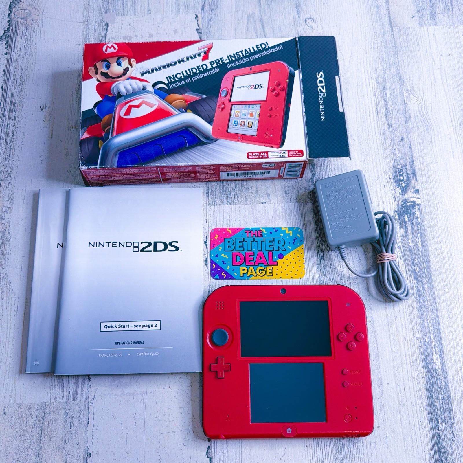 Nintendo 2DS Crimson Red Mario Kart 7, Pre-Installed W/ Box / Matching serial #