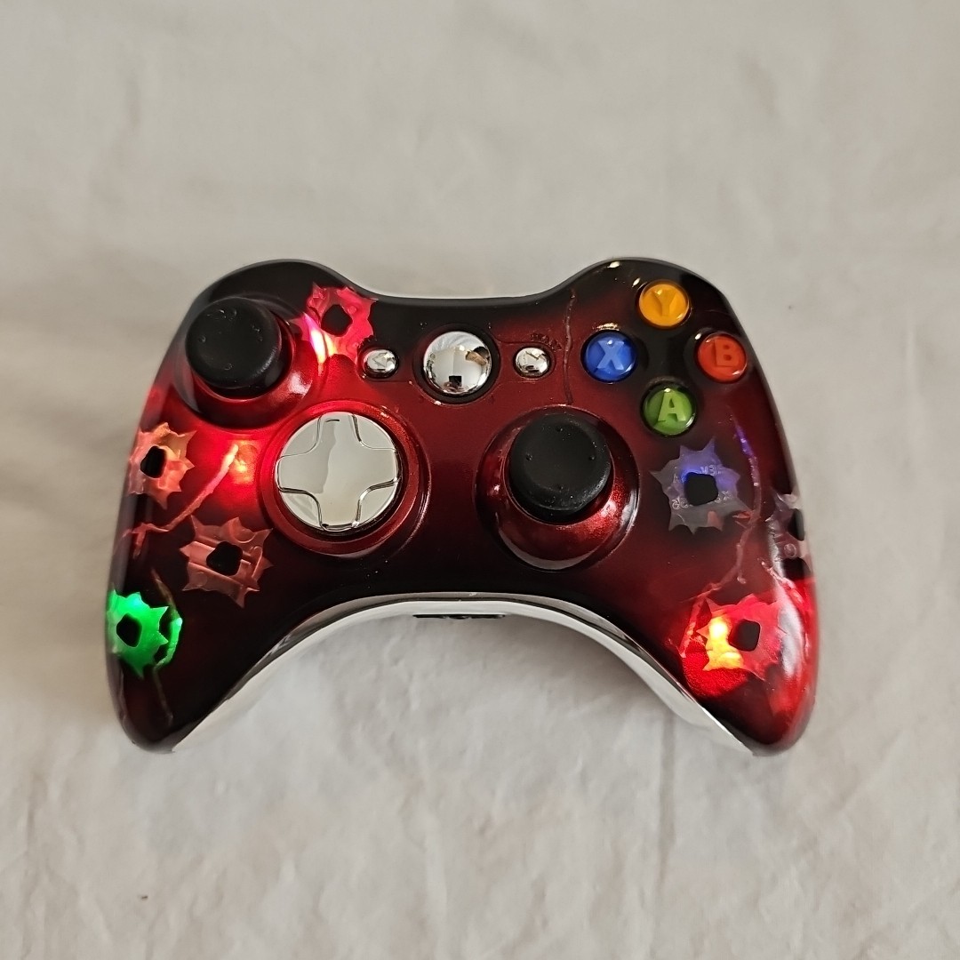 Rare Wireless Xbox 360 Controller Red With Bullet Holes & Changing Color Leds