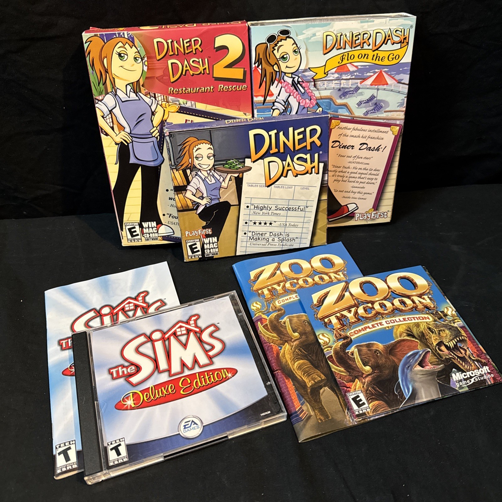 2000s Era 5 PC Games Diner Dash Zoo Tycoon The Sims Original Boxes Manuals Disc