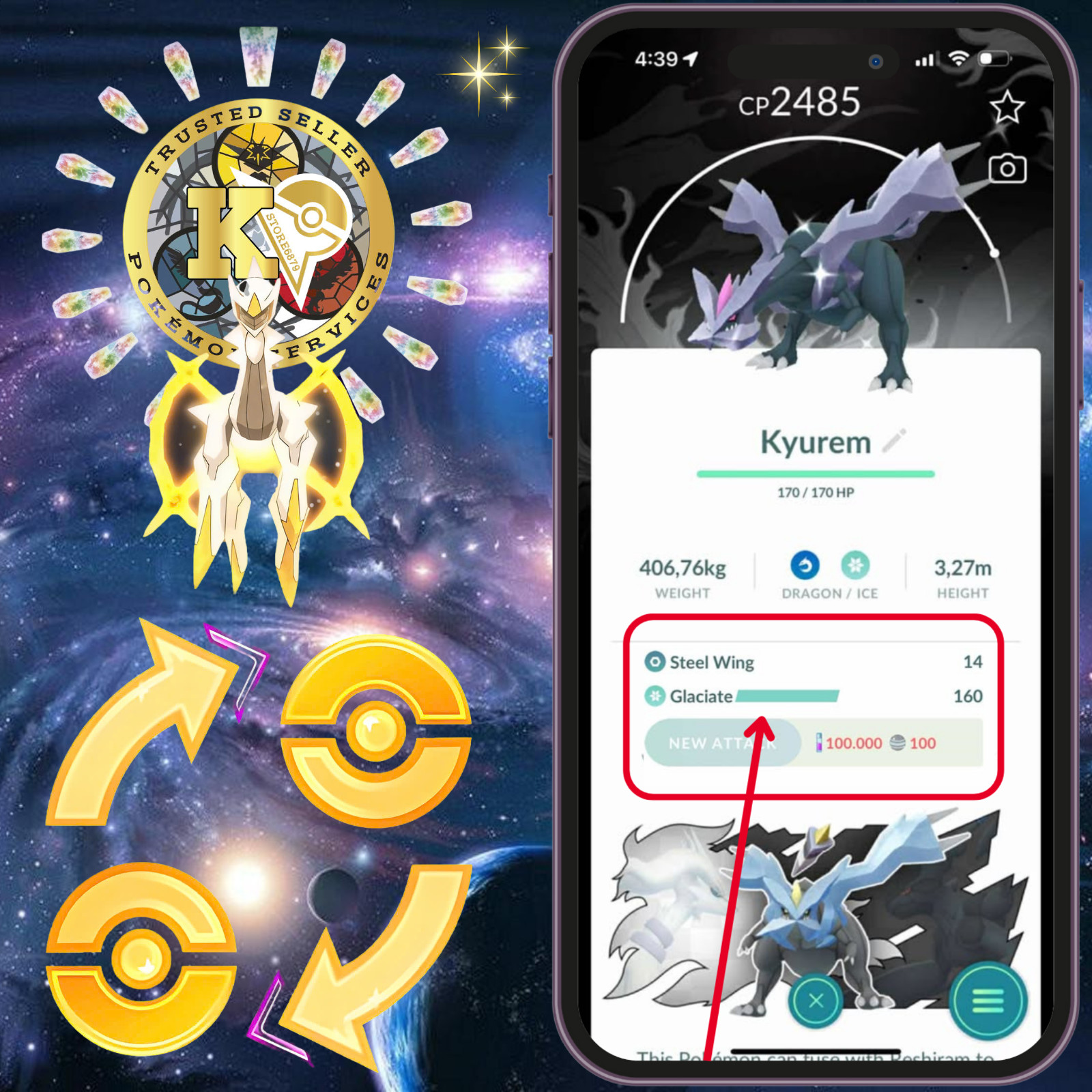 Pokémon TRADE— Shiny Kyurem ( Black—White ) Background—Move Glaciate—Digital♻️