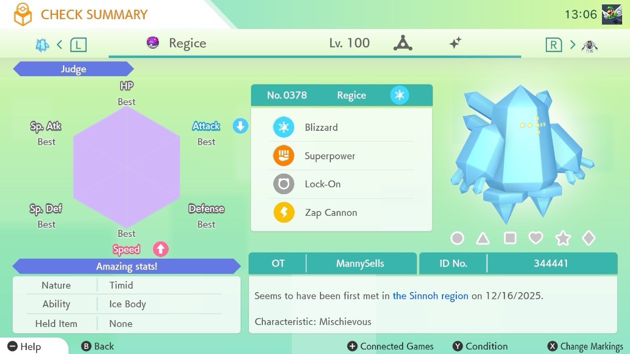 BDSP Caught Legendaries Shiny/Non Shiny, 6IV, Level 100, EVs 6HP 252ATK 252SPE