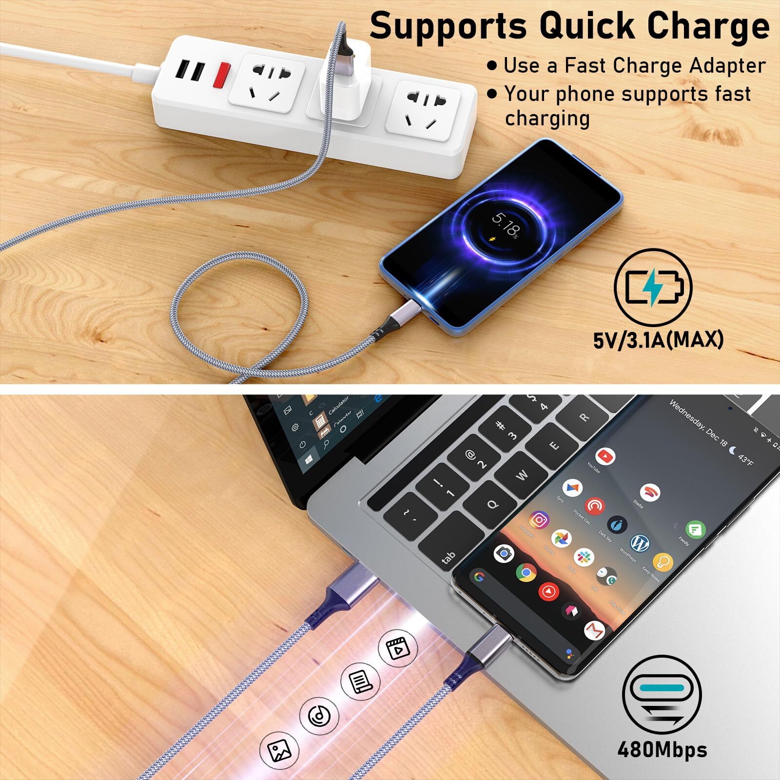 2 Pack 16Ft Extra Long USB Type-C Charging Cable for PS5 Nintendo Galaxy