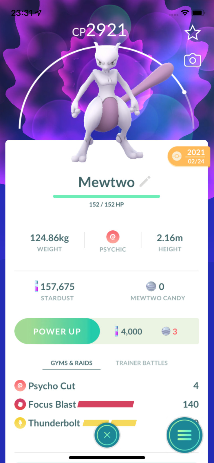 Mewtwo Lv25 2nd Charge Move ! Registered or Unregistered ! 30 Days Friendship !