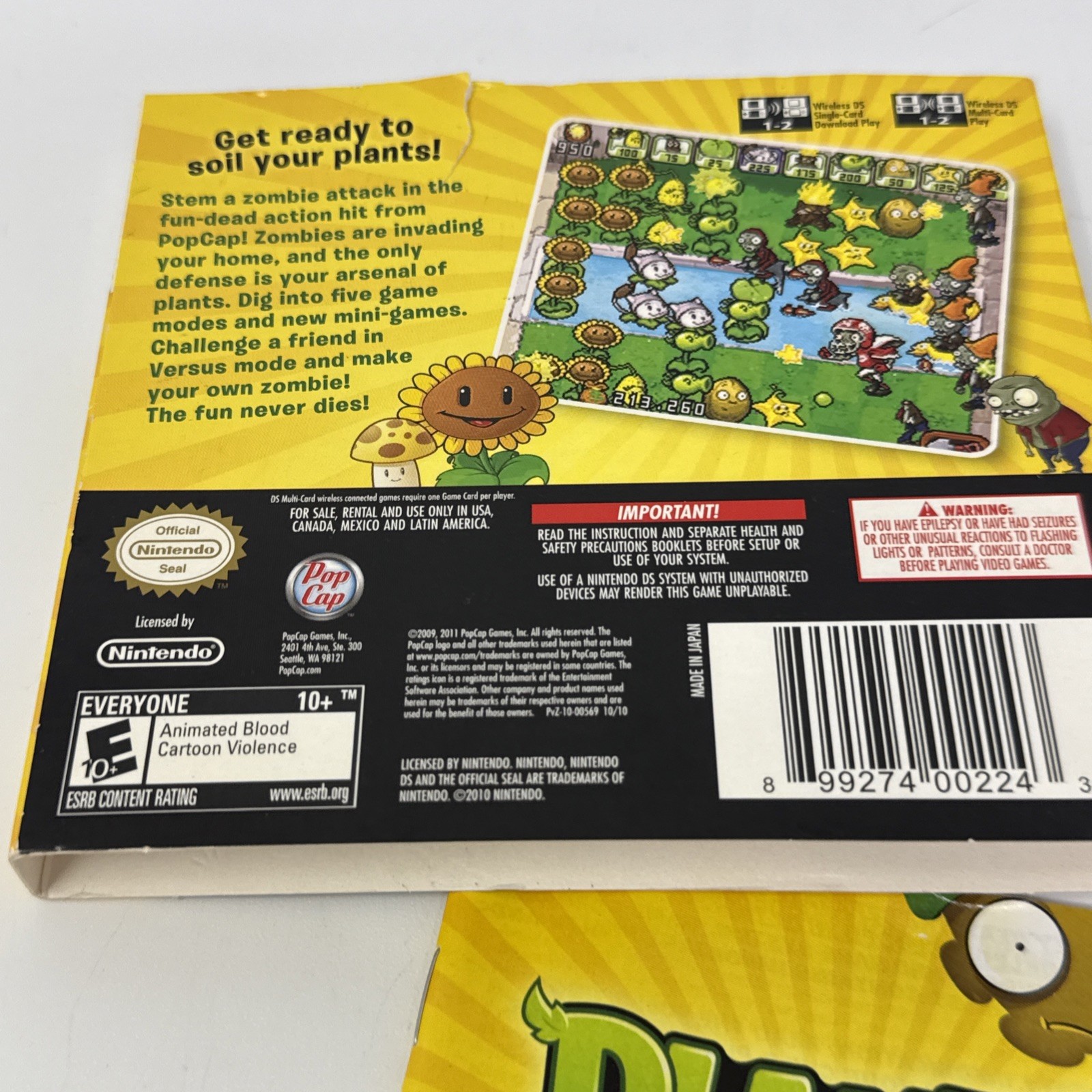 Plants vs. Zombies Nintendo DS Case, Manual, Outer Sleeve Only – NO GAME