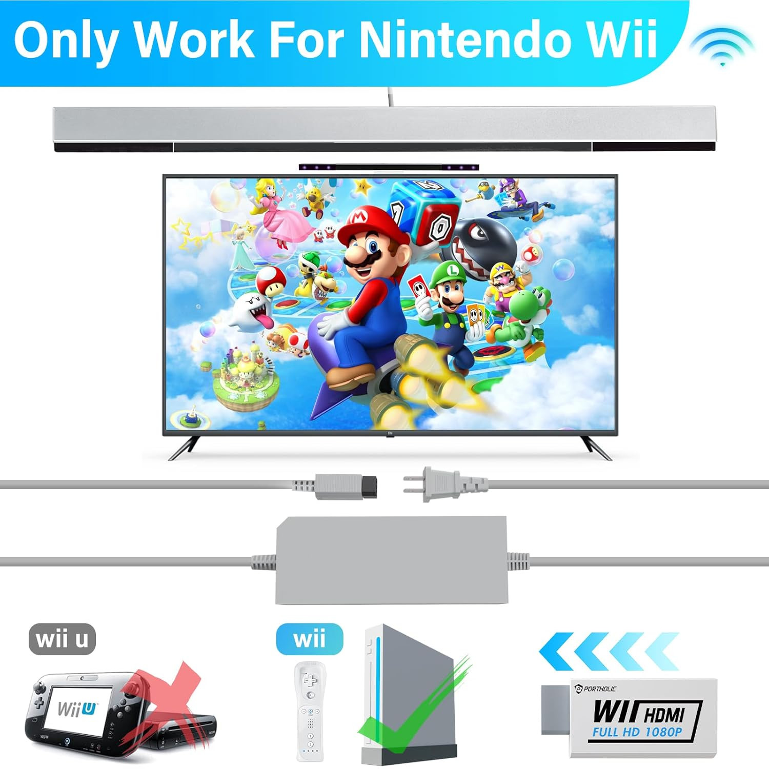 PORTHOLIC 4 in 1 Wii Replacement Cables Set, Wii AC Power Adapter + Wii to hdmi