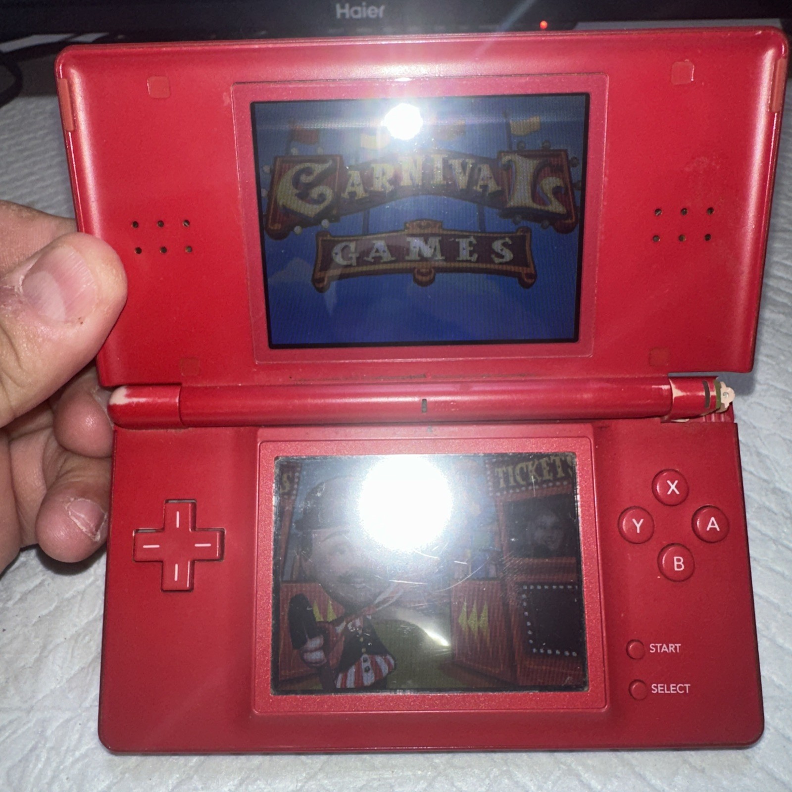 Nintendo DS Lite Mario Edition Console w/ Charger & GBA WORKS! BAD HINGE!
