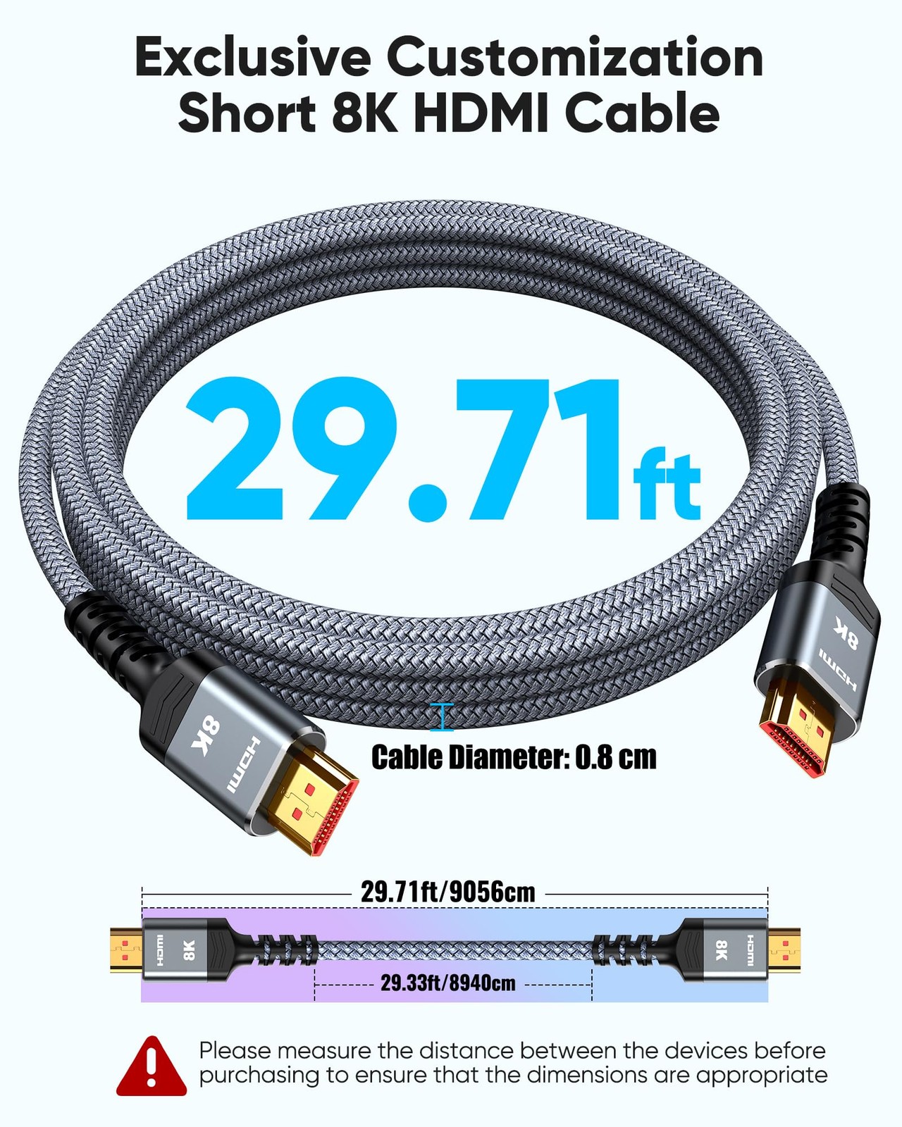 Highwings 8K HDMI Cable Long 2.1 30FT/9M, 48Gbps High Speed 30 feet, Grey