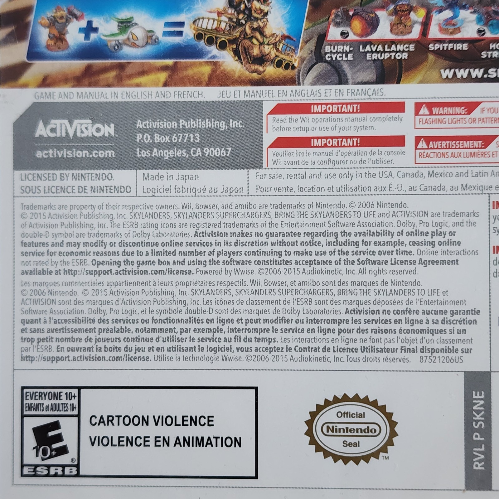 Wii SKYLANDER’S SUPERCHARGERS RACING Game + Supershot Stealth Elf & Stormblade