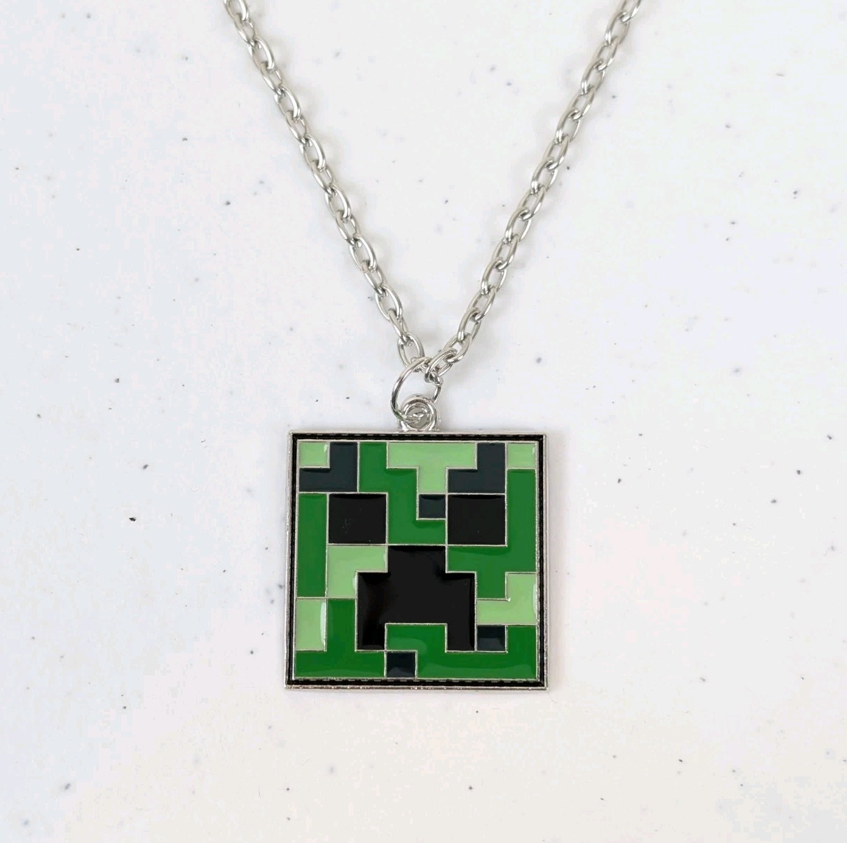 Minecraft Style Creeper Necklace Pixel Green Enamel Pendant Gamer Jewelry 22″