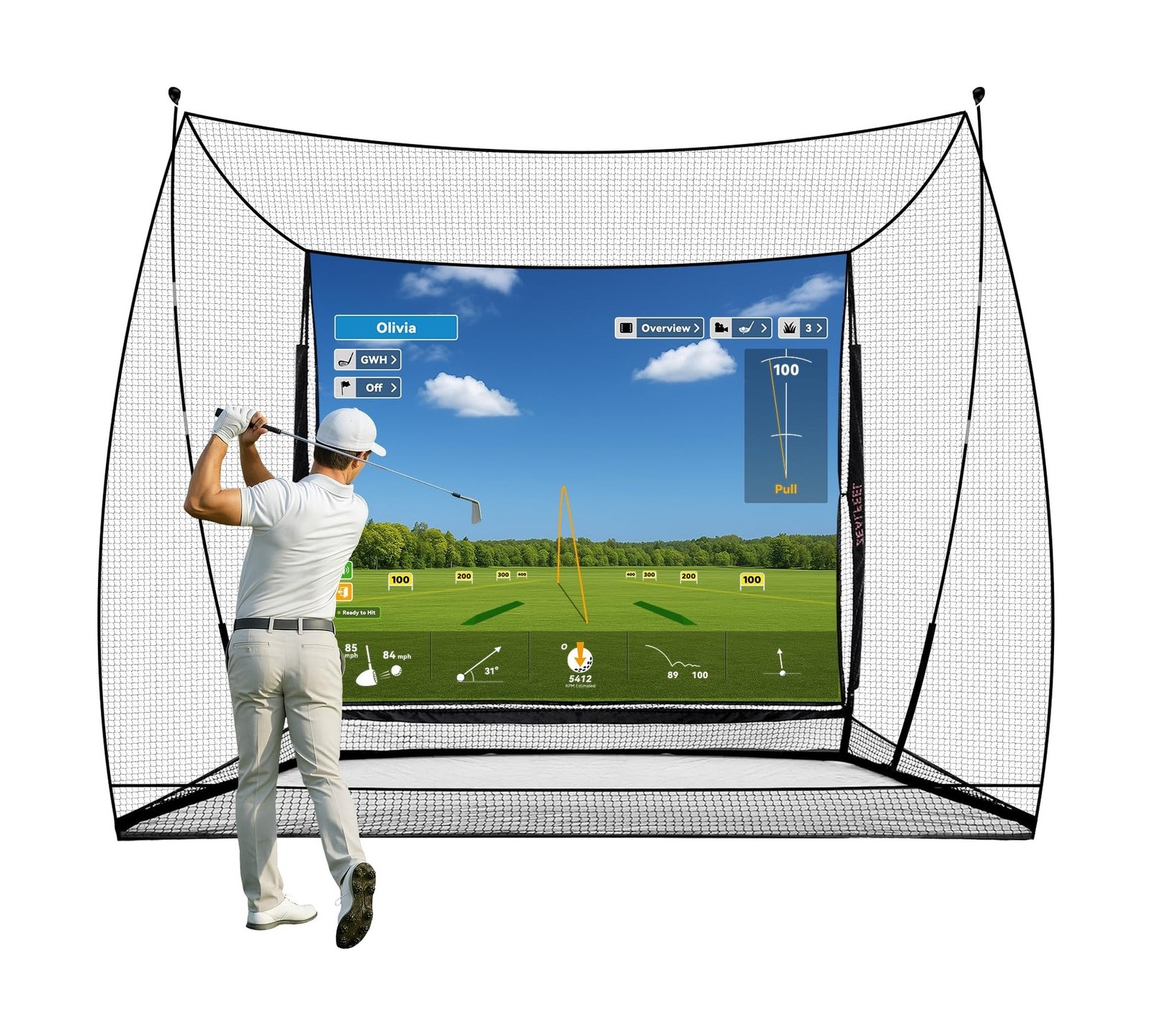 Golf Simulator Cage with Side Barriers&Impact Screen – 10×8 FT Golf Net wi