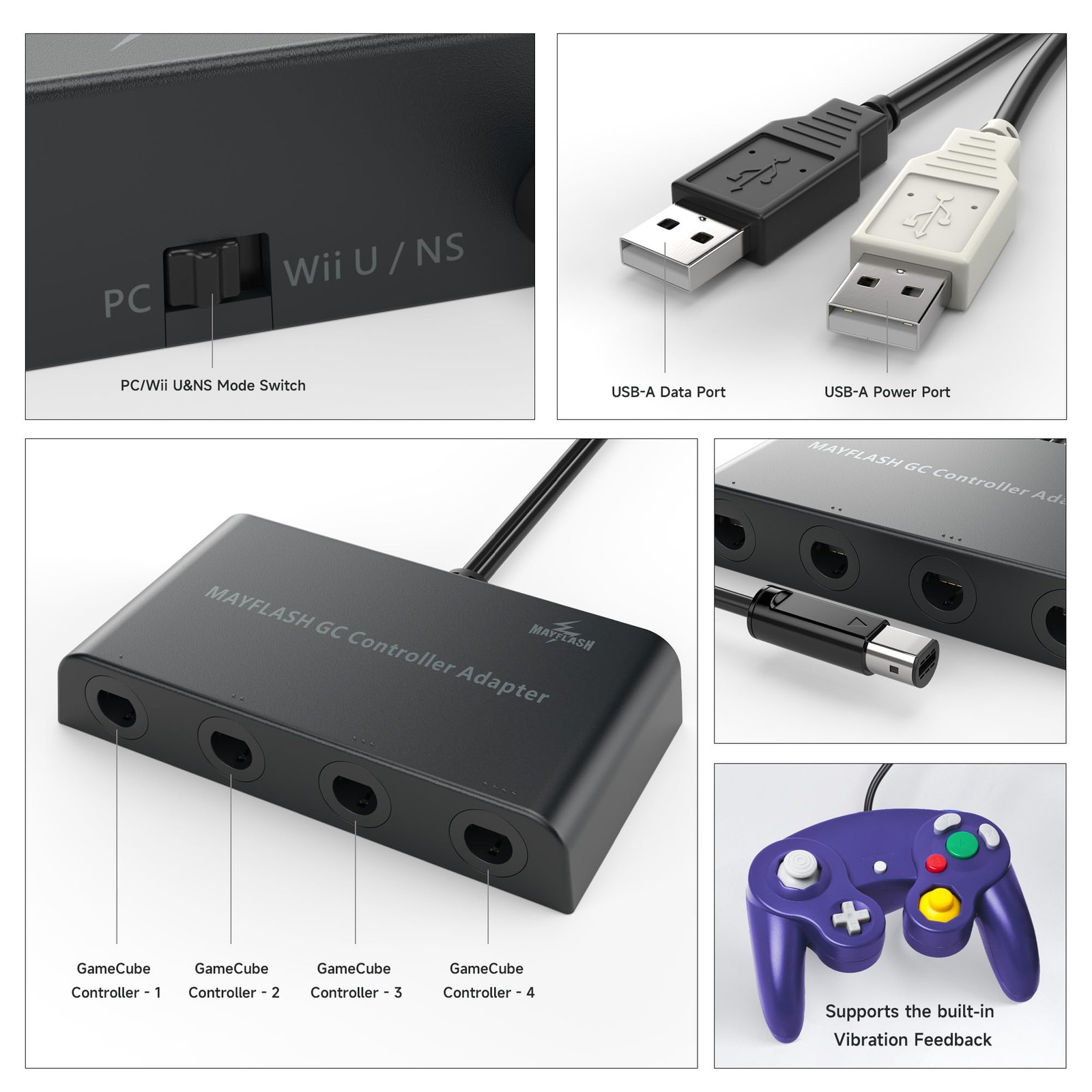 MAYFLASH Gamecube Controller Adapter for Wii U, PC Windows and 1 Pack, Black