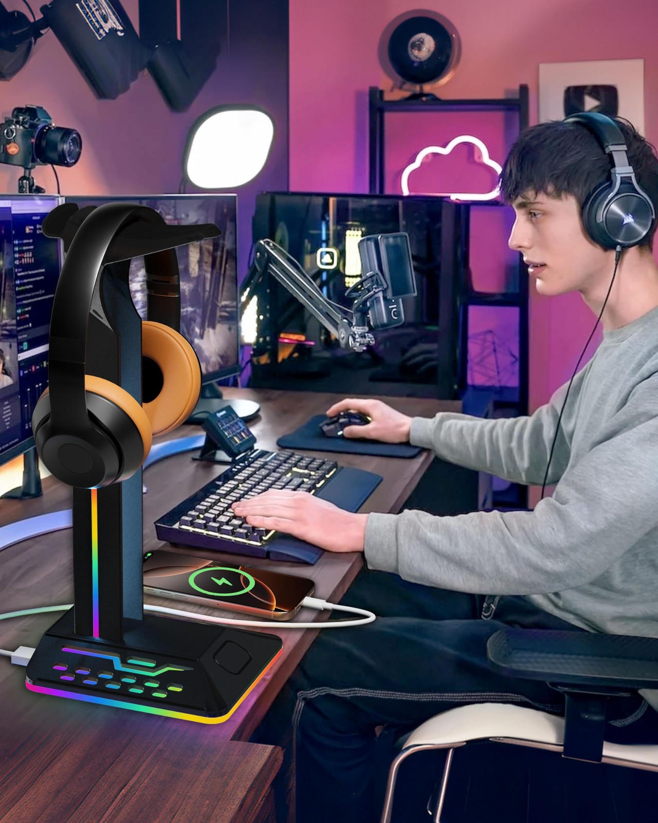 RGB Headphone Stand with 2 USB 2.0 Extension Charging Port Extender Cord,Desk…