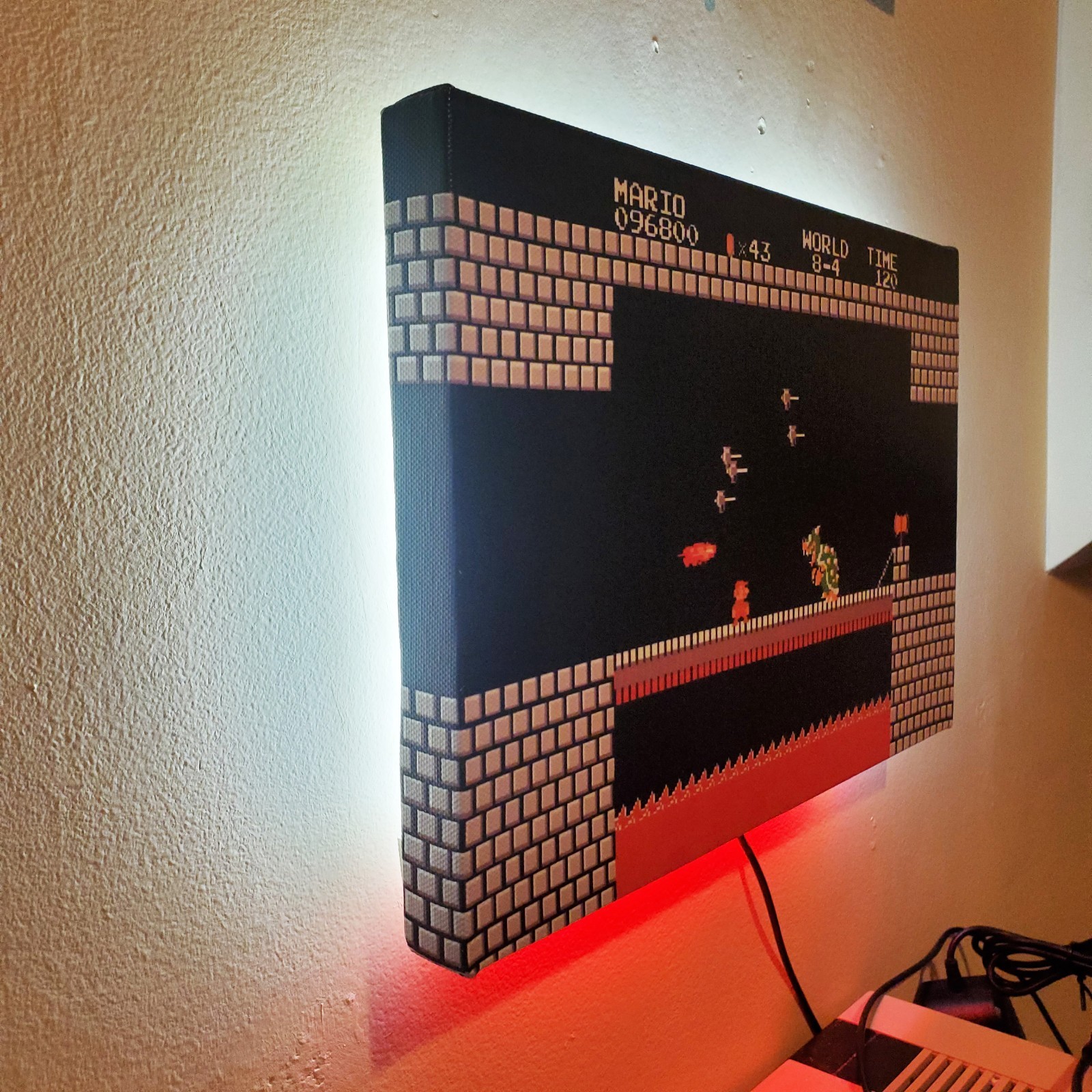 Mario vs Bowser backlit with LEDs custom wrapped canvas 8×12″ game room gift NES