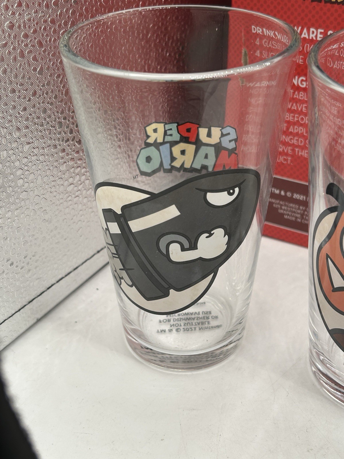 Set of 4 Nintendo Super Mario Enemy Drinkware Glasses 16 oz 2021 & 4 Pez Candy