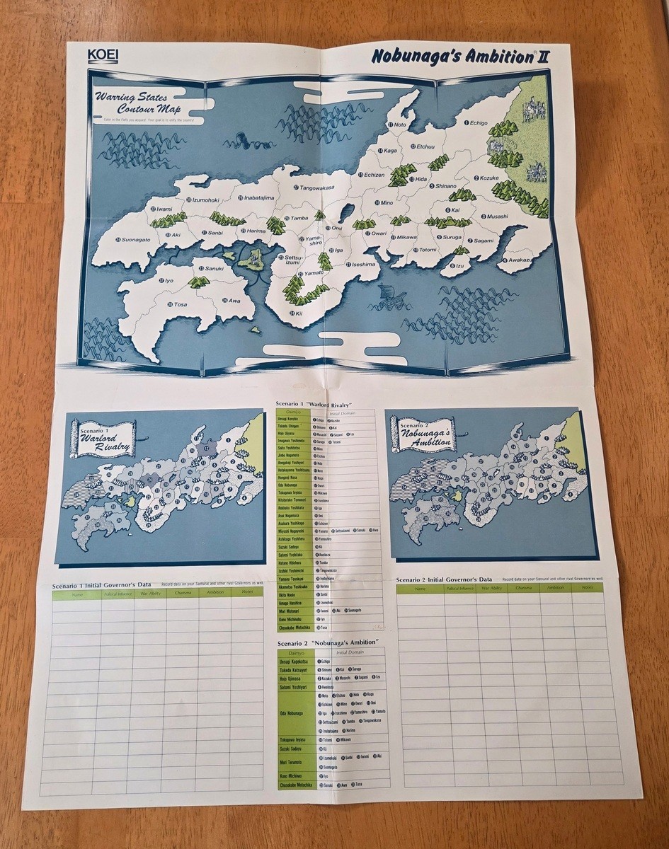 Nobunaga’s Ambition II Koei 5.25″ IBM PC Big Box Game Complete 1989 Map Poster