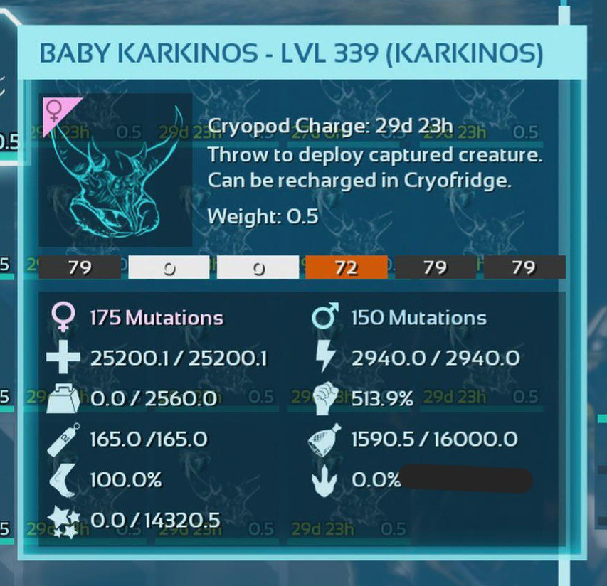 ARK ASCENDED PVE OFFICIAL PAIR BABY KARKINOS BLACK 25K HP 2.5K WEIGHT 513 MELEE