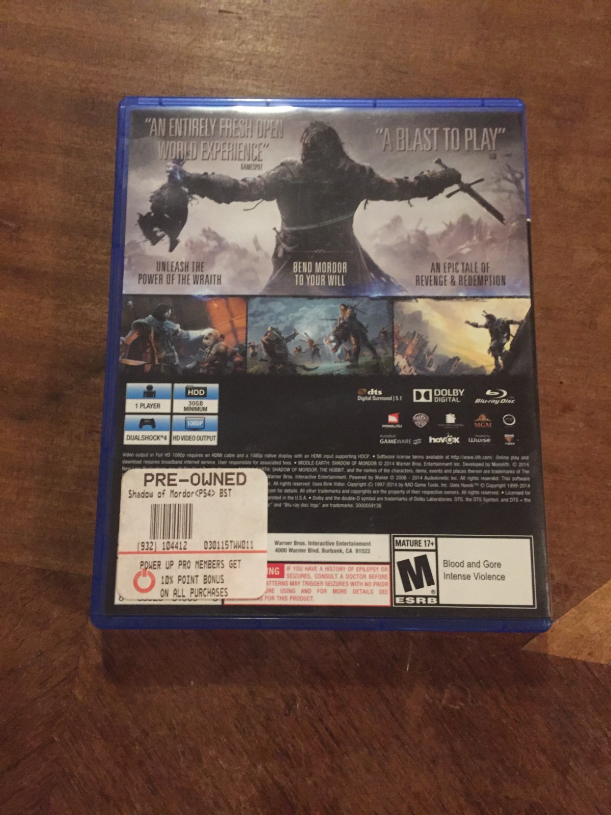 Playstation 4 PS4 Middle Earth: Shadow of Mordor 2014 Complete