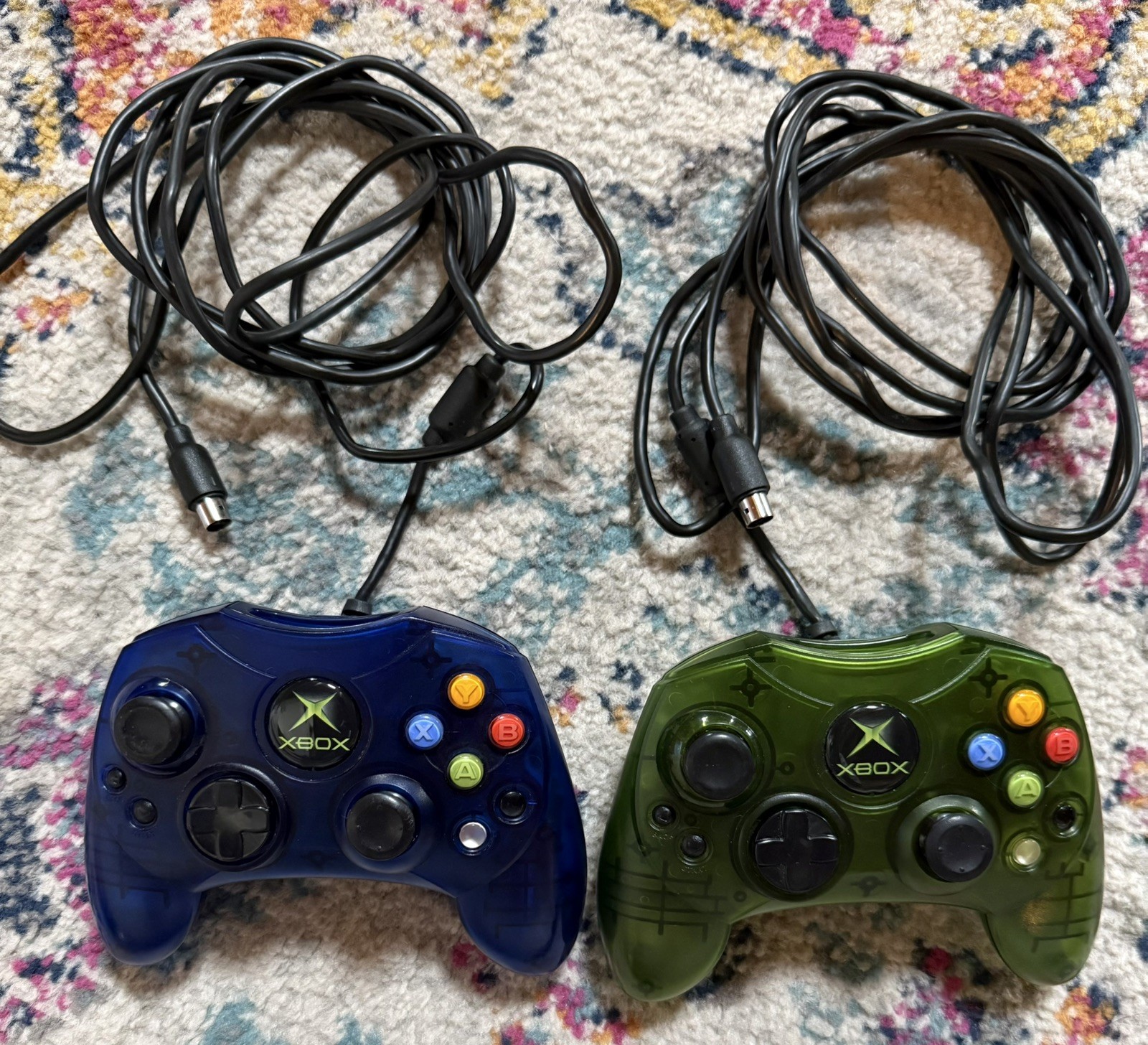 2 Original Xbox OEM S Type Wired Controllers Translucent Blue & Green- Tested