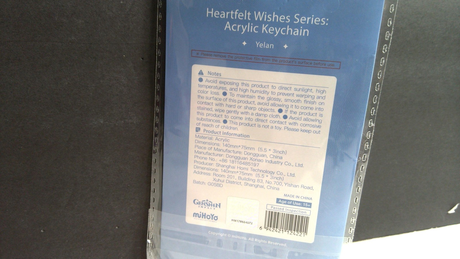 Genshin Impact Yelan Xiangling Blue Acrylic Key Chain 5.5x3in Wishes Glossy