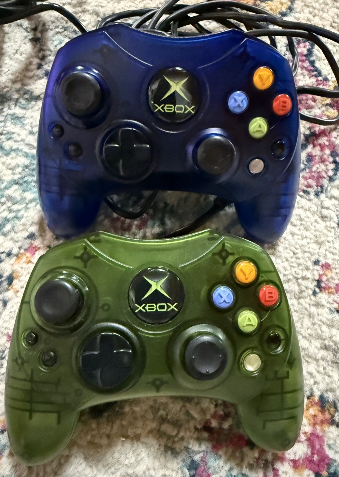 2 Original Xbox OEM S Type Wired Controllers Translucent Blue & Green- Tested