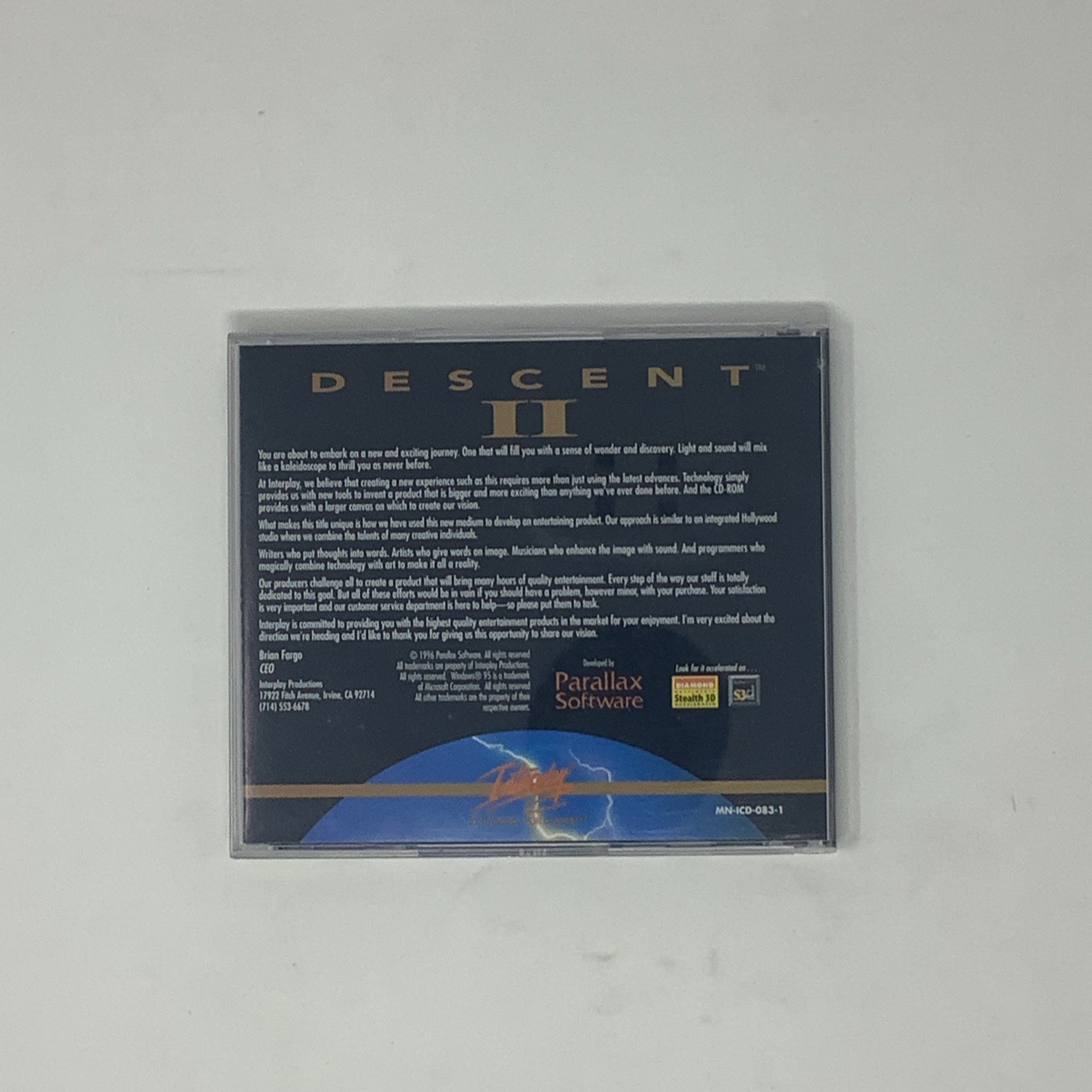 Interplay Productions Descent II PC Action Shooter Big Box Windows 95